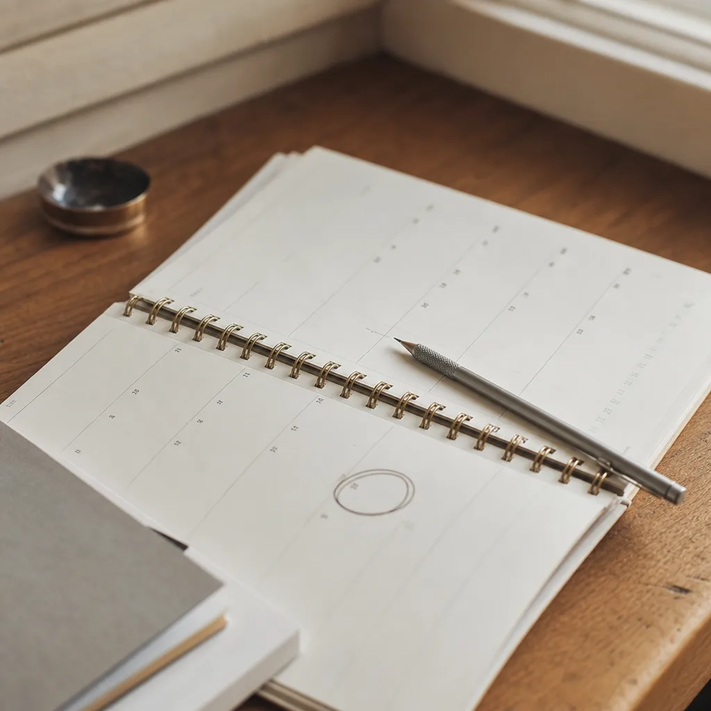 A desktop calendar open to a weekday spread