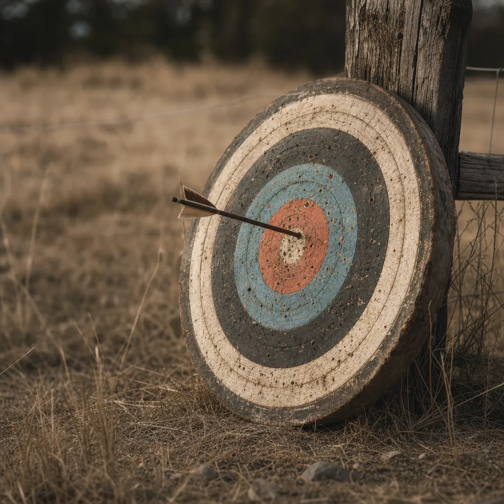 A worn archery target propped against a weathered fence post in diffused afternoon light