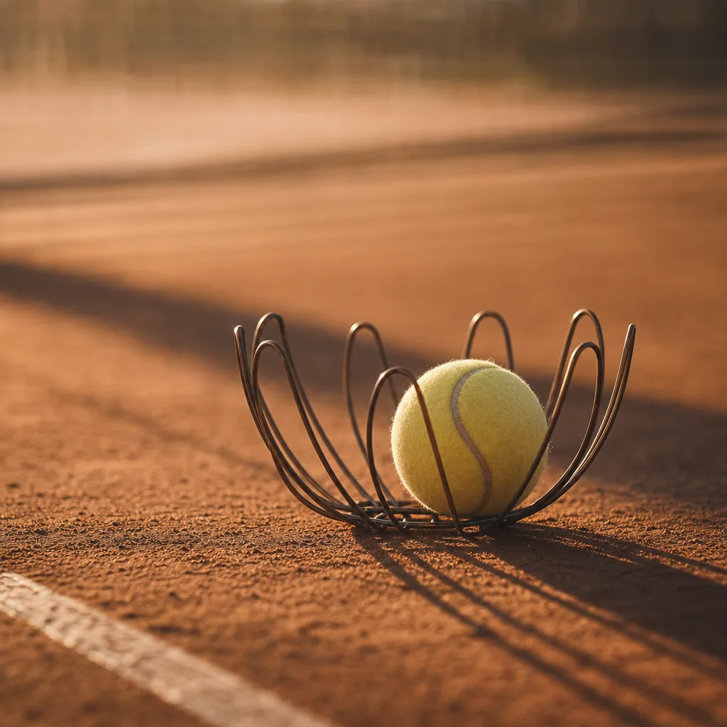 A single tennis ball resting in an open palm-shaped wire ball holder on a clay court surface