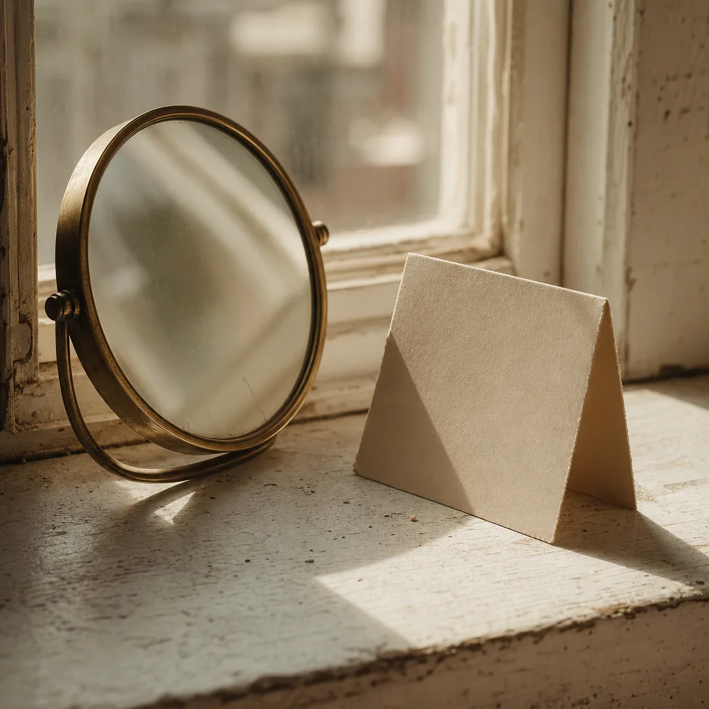 A vintage signal mirror and a small folded paper card propped against each other on a sun-bleached windowsill