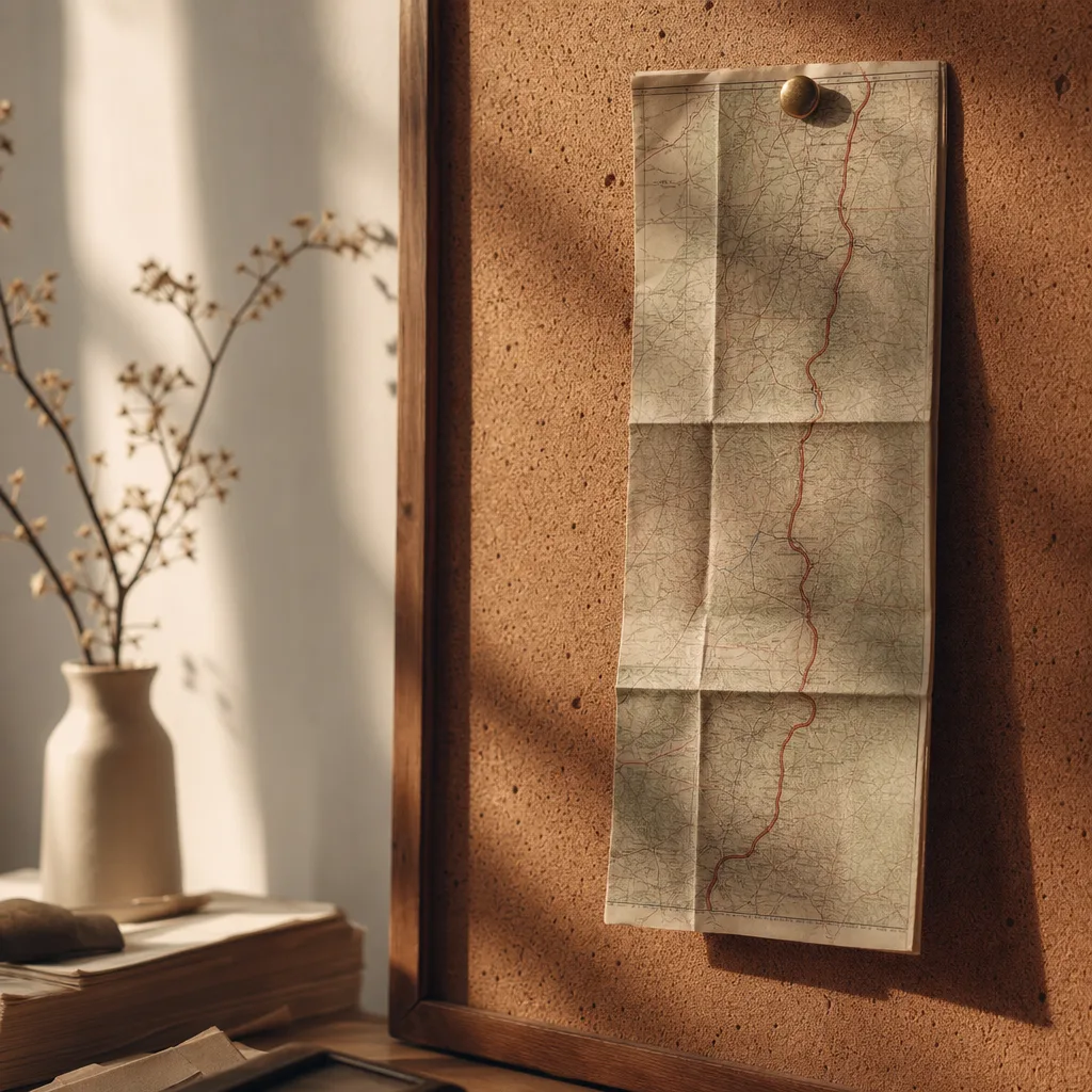 A vintage map folded to a single highlighted route