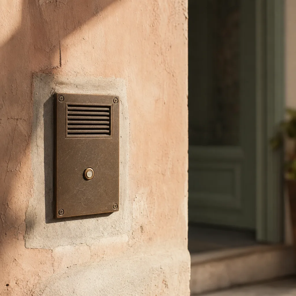 An open doorbell intercom panel mounted on a sun-warmed stone wall