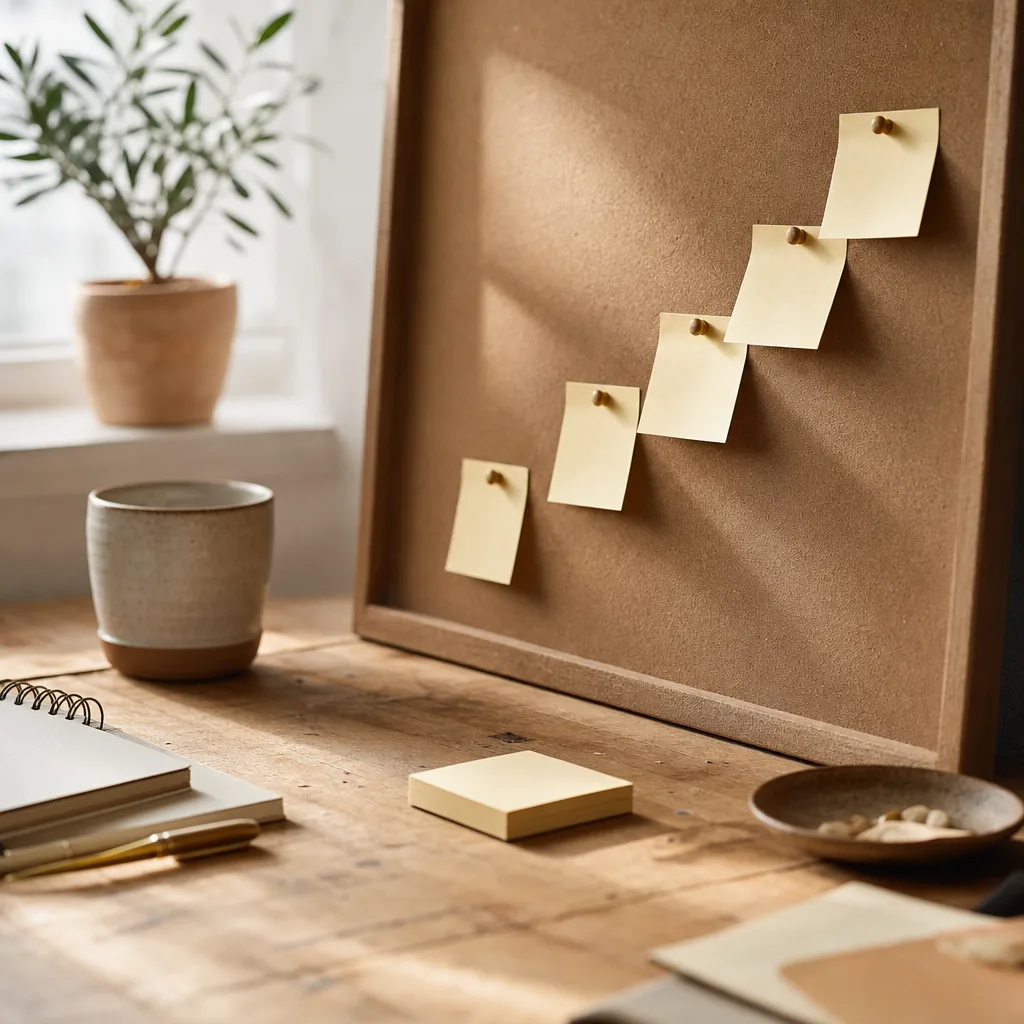 A series of small sticky notes arranged in a loose progression on a cork board