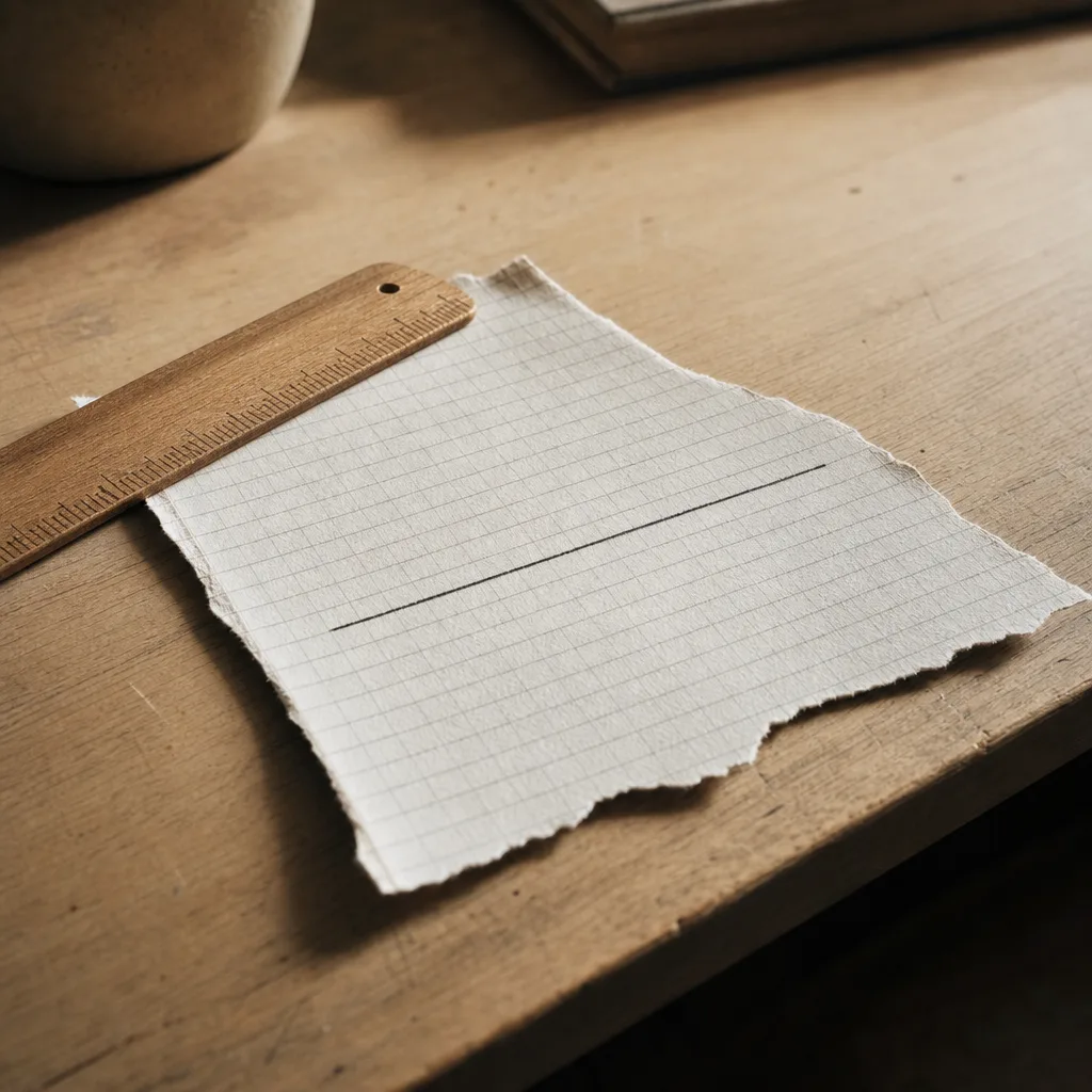 A small wooden drafting ruler beside a torn sheet of graph paper with a single clean line drawn across it