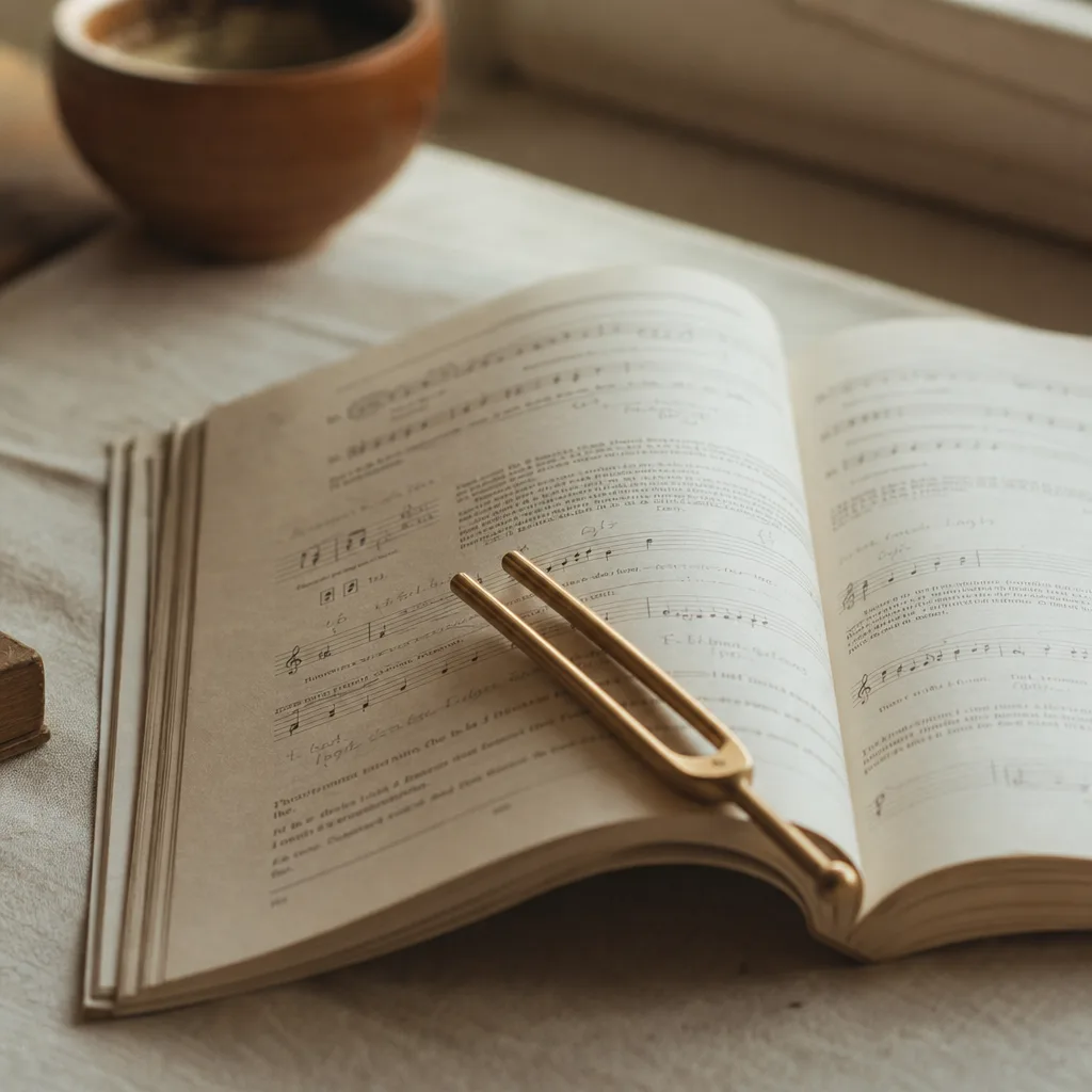 A small brass tuning fork lying across an open music theory book on a linen-covered table