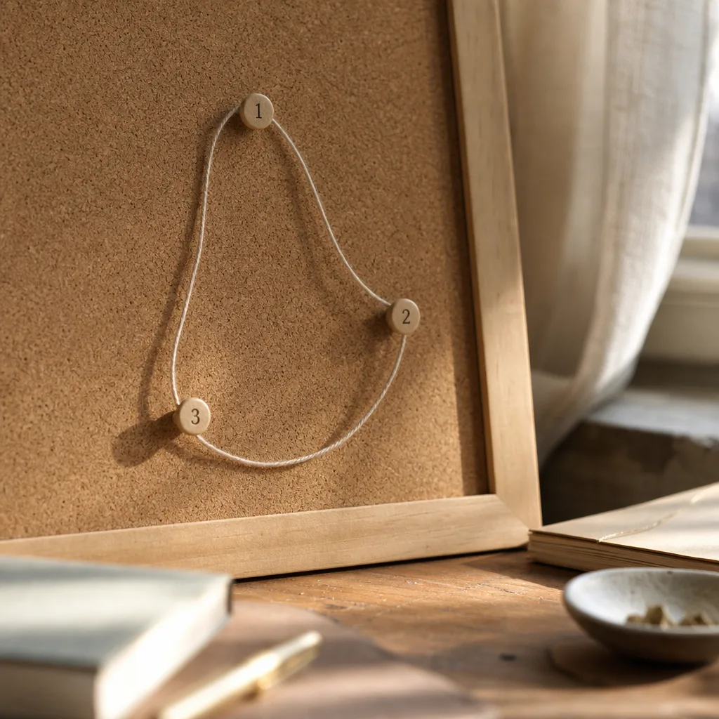 A small corkboard with three numbered pushpins connected by a single looped thread