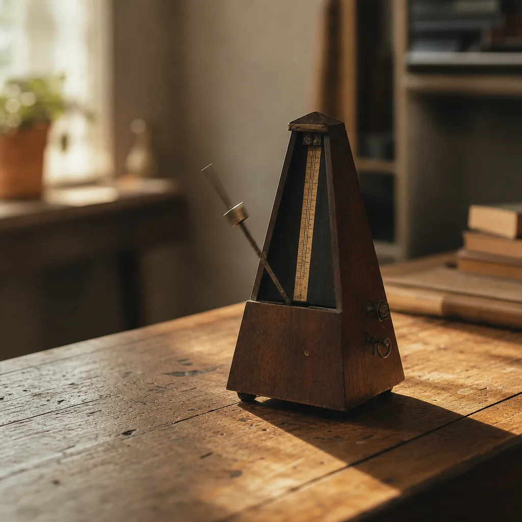 A vintage metronome mid-swing on a worn oak desk