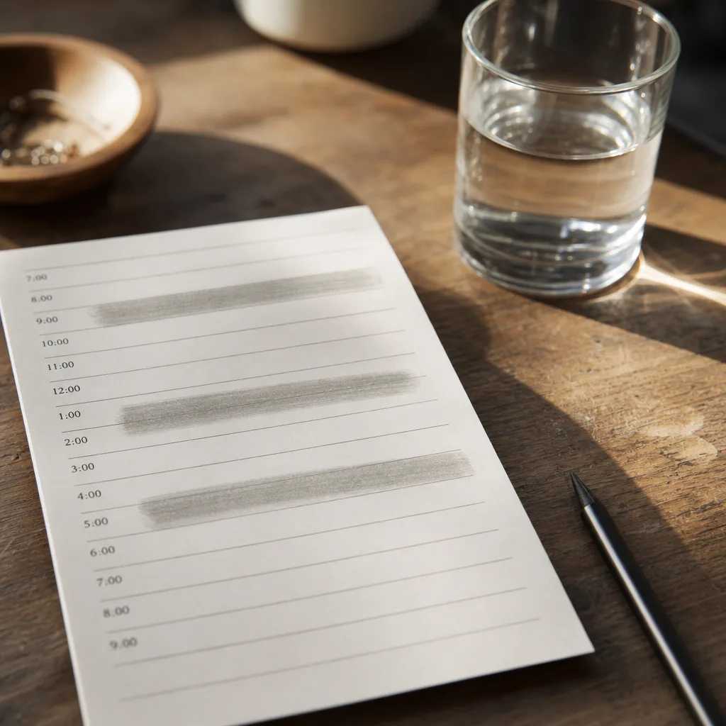 A close-up of a printed daily schedule on a wooden desk
