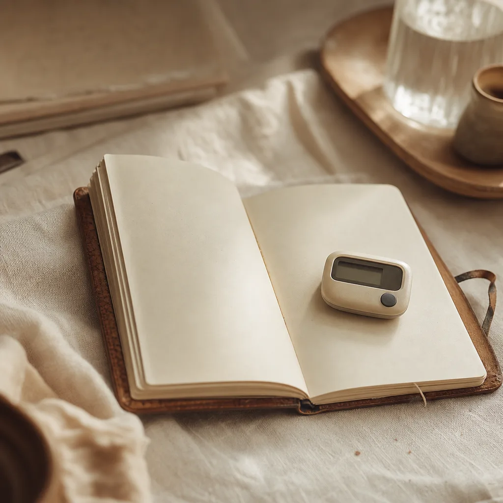 A worn leather-bound journal open to a blank page
