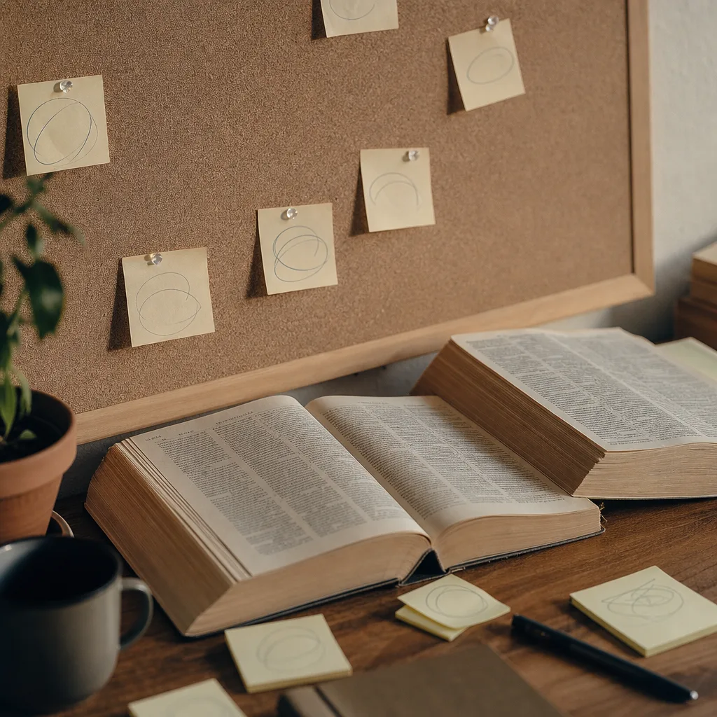 A pair of old translation dictionaries splayed open face-down on a cork board