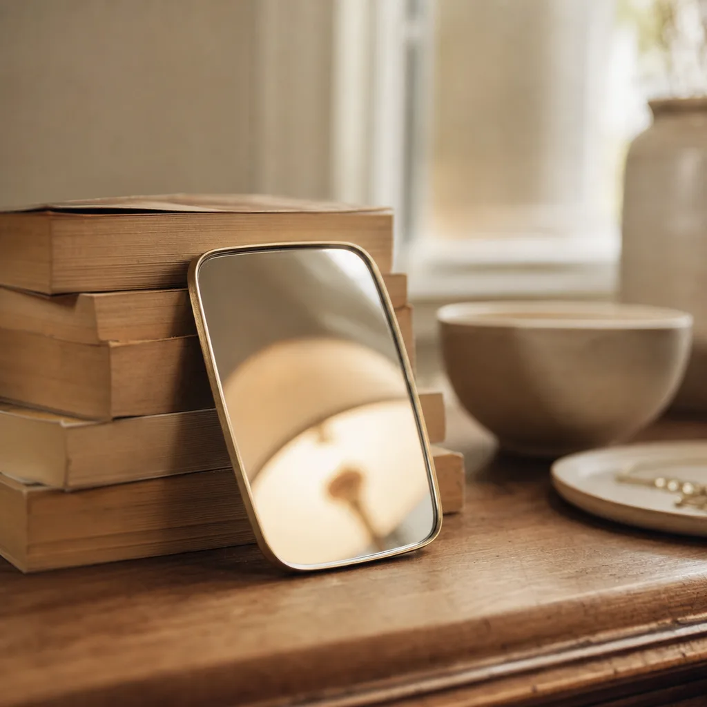 A small handheld mirror leaning against a stack of well-read paperbacks on a desk