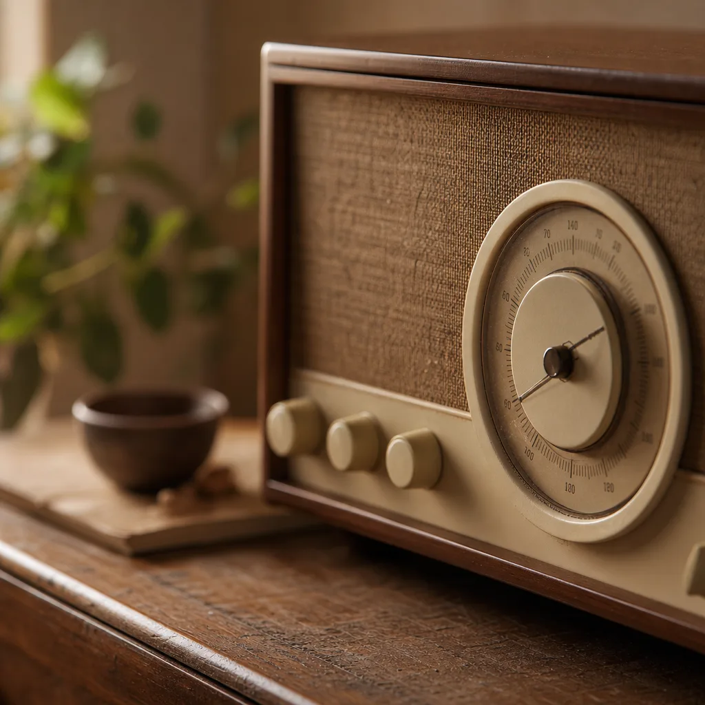 A close-up of an old analog tuning dial on a tabletop radio