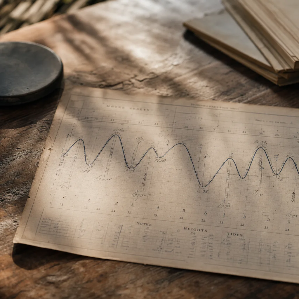 A vintage tide chart pinned flat on a worn wooden surface