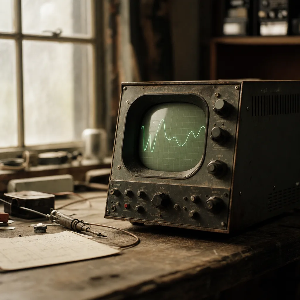 A vintage oscilloscope on a worn wooden workbench
