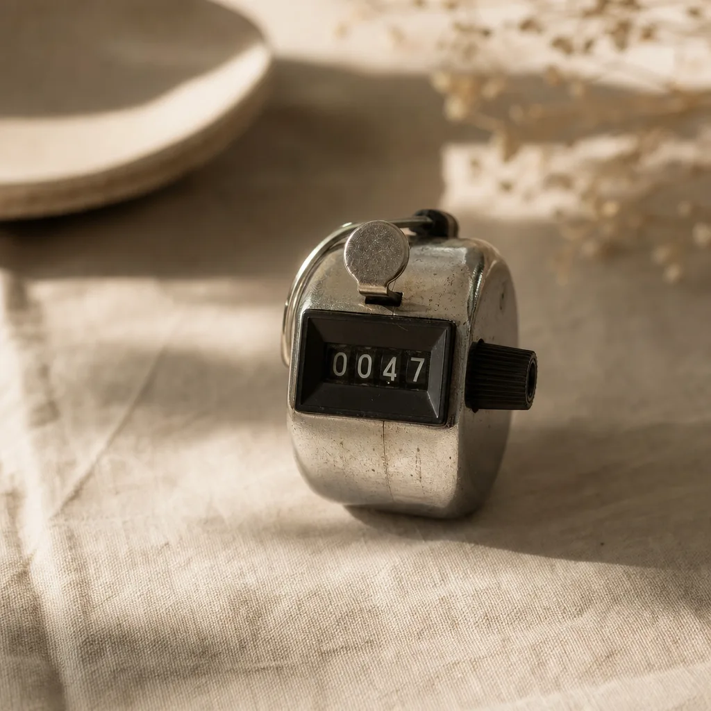 A small mechanical odometer or tally counter resting on a linen surface