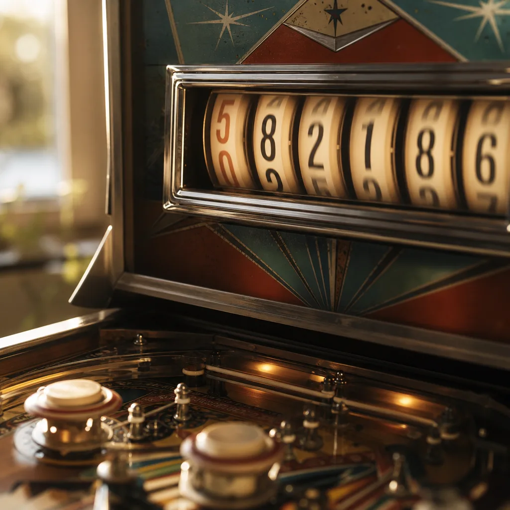 A vintage pinball machine scoreboard closeup — numbered reels mid-spin
