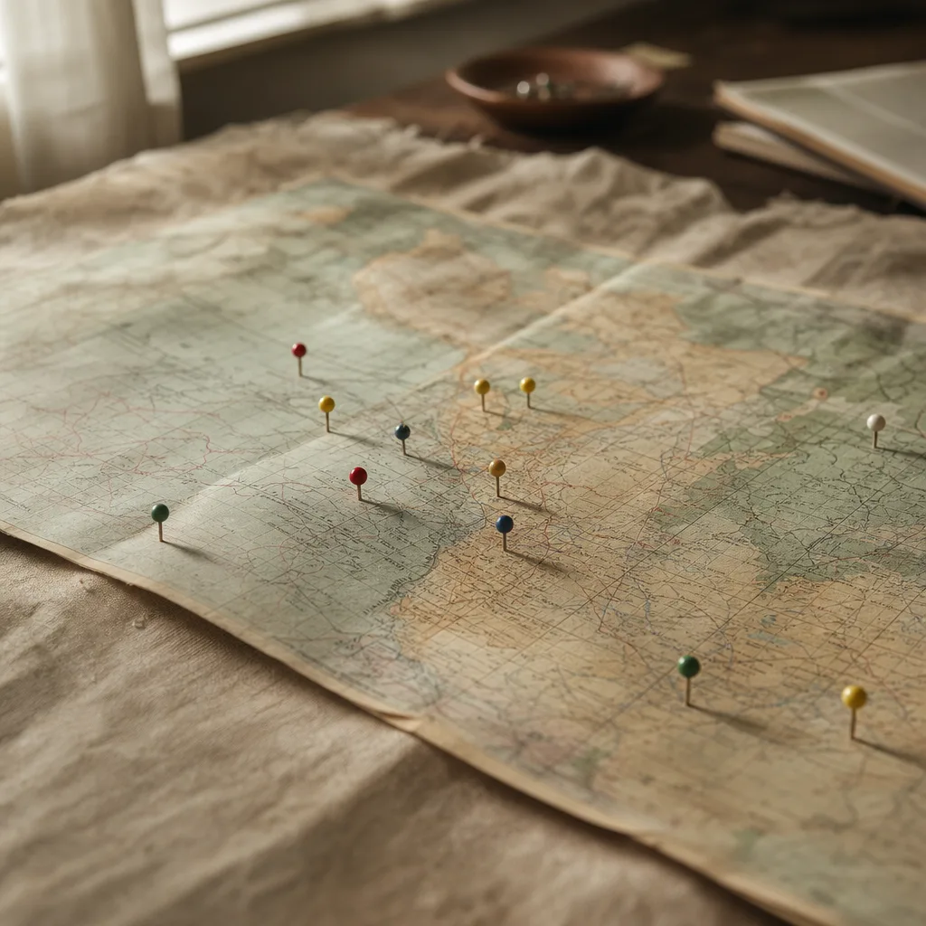 An open cartographer's map spread flat on a raw linen surface