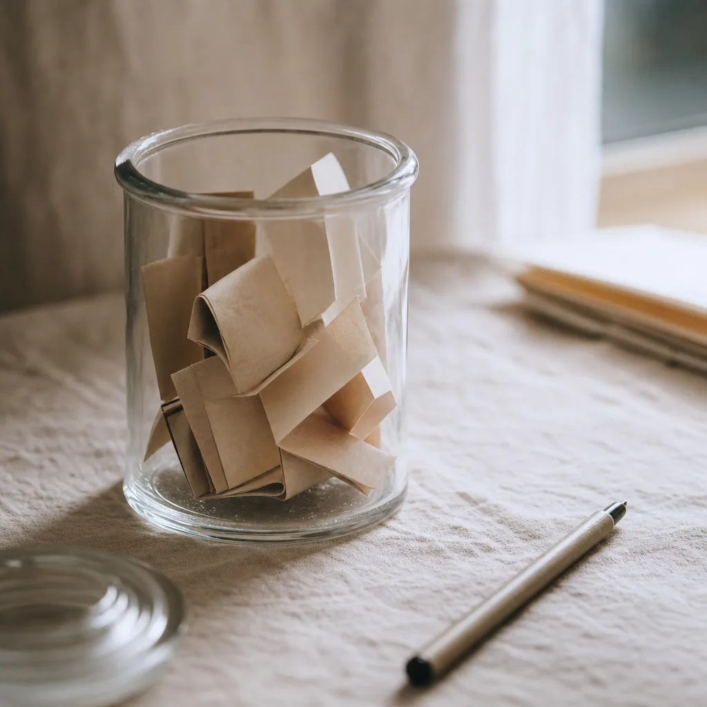 An open glass specimen jar holding small folded paper slips beside a fine-tipped pen on a linen surface