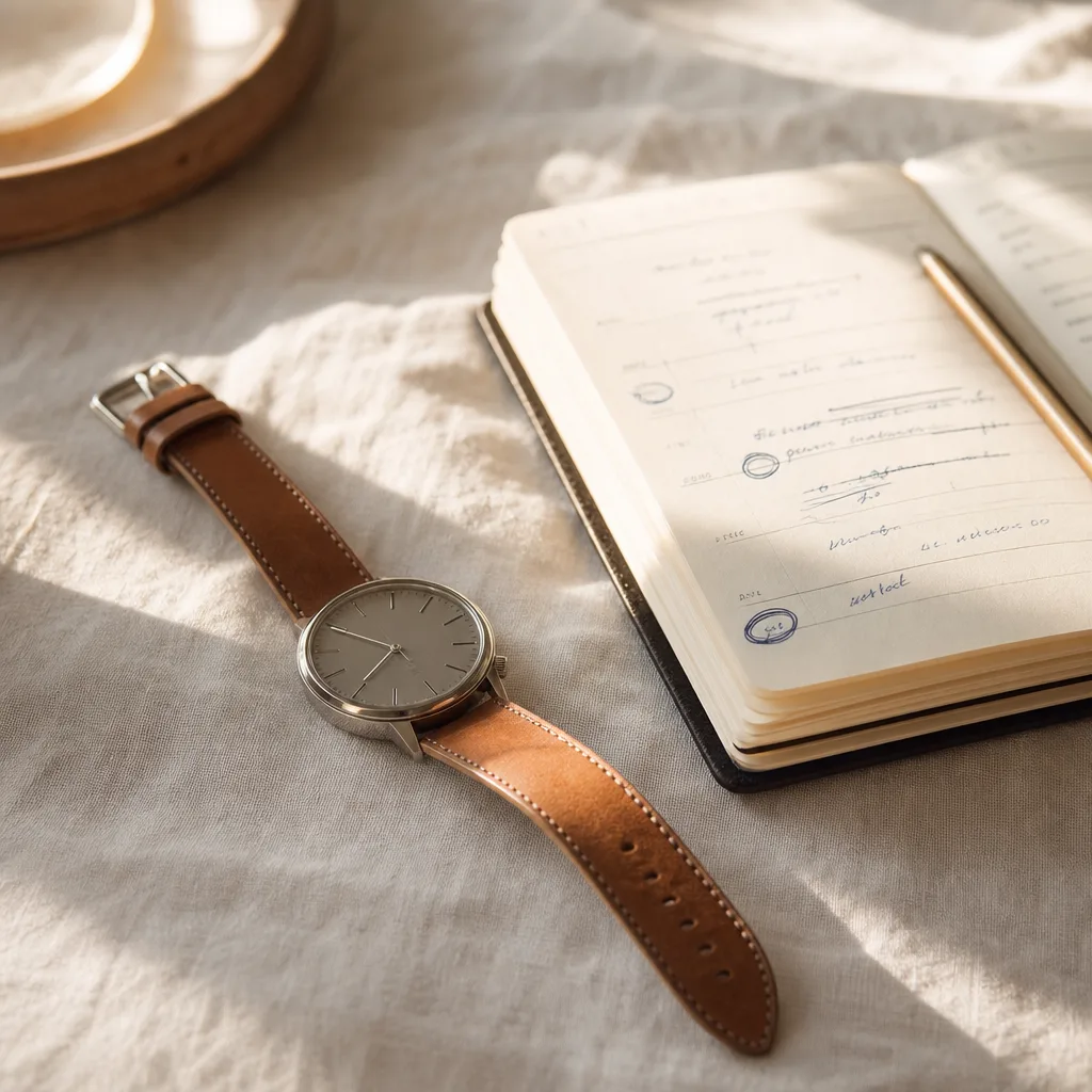 A analog wristwatch unclasped and laid flat beside a small marked-up pocket planner