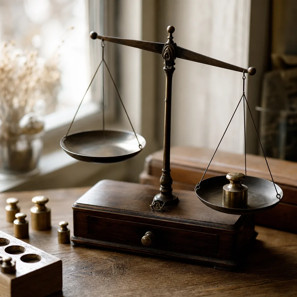 A small calibration weight set on a jeweler's balance scale