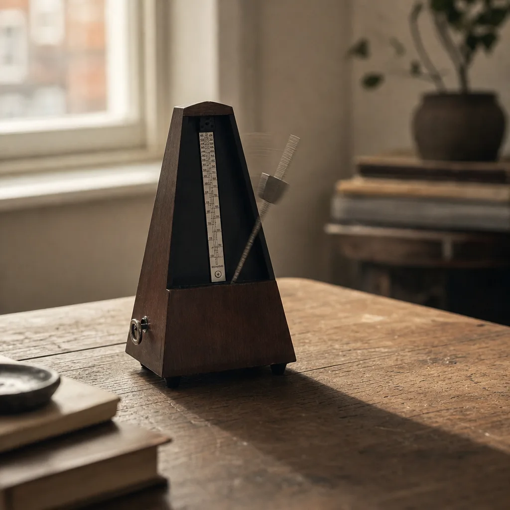 A vintage metronome mid-swing on a worn oak table