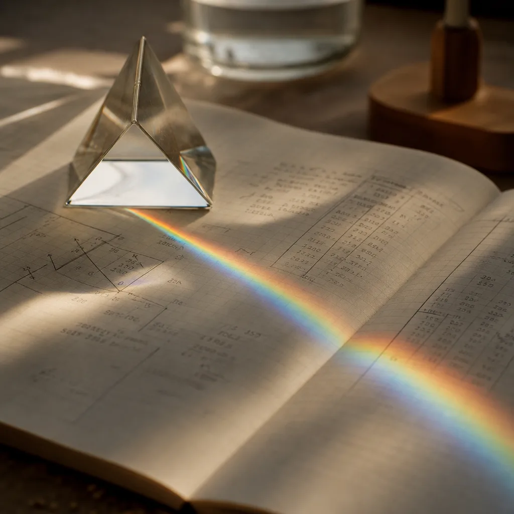 A small glass prism resting on an open technical notebook with handwritten calibration notes