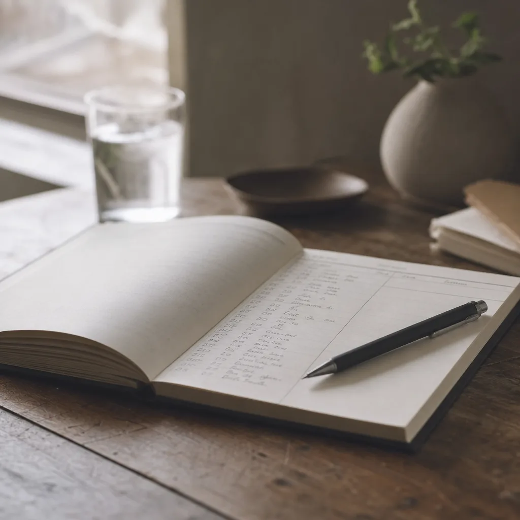 An open field notebook flat on a wooden desk