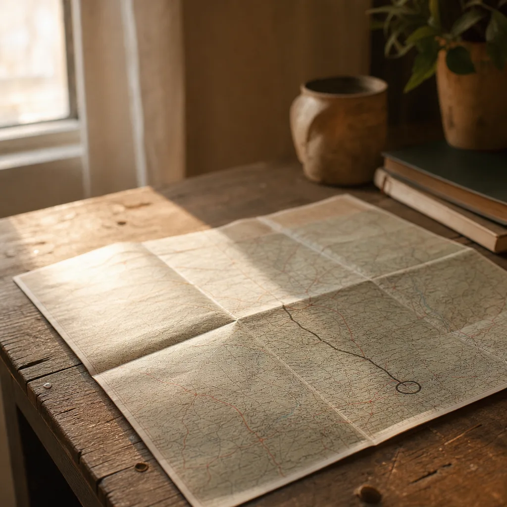 A folded paper map open on a worn wooden table