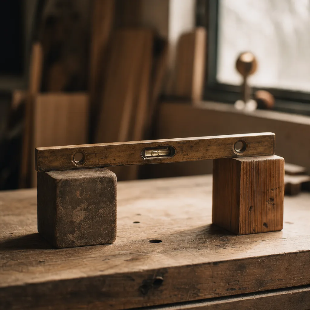 A carpenter's level resting across two mismatched objects of different heights on a workbench