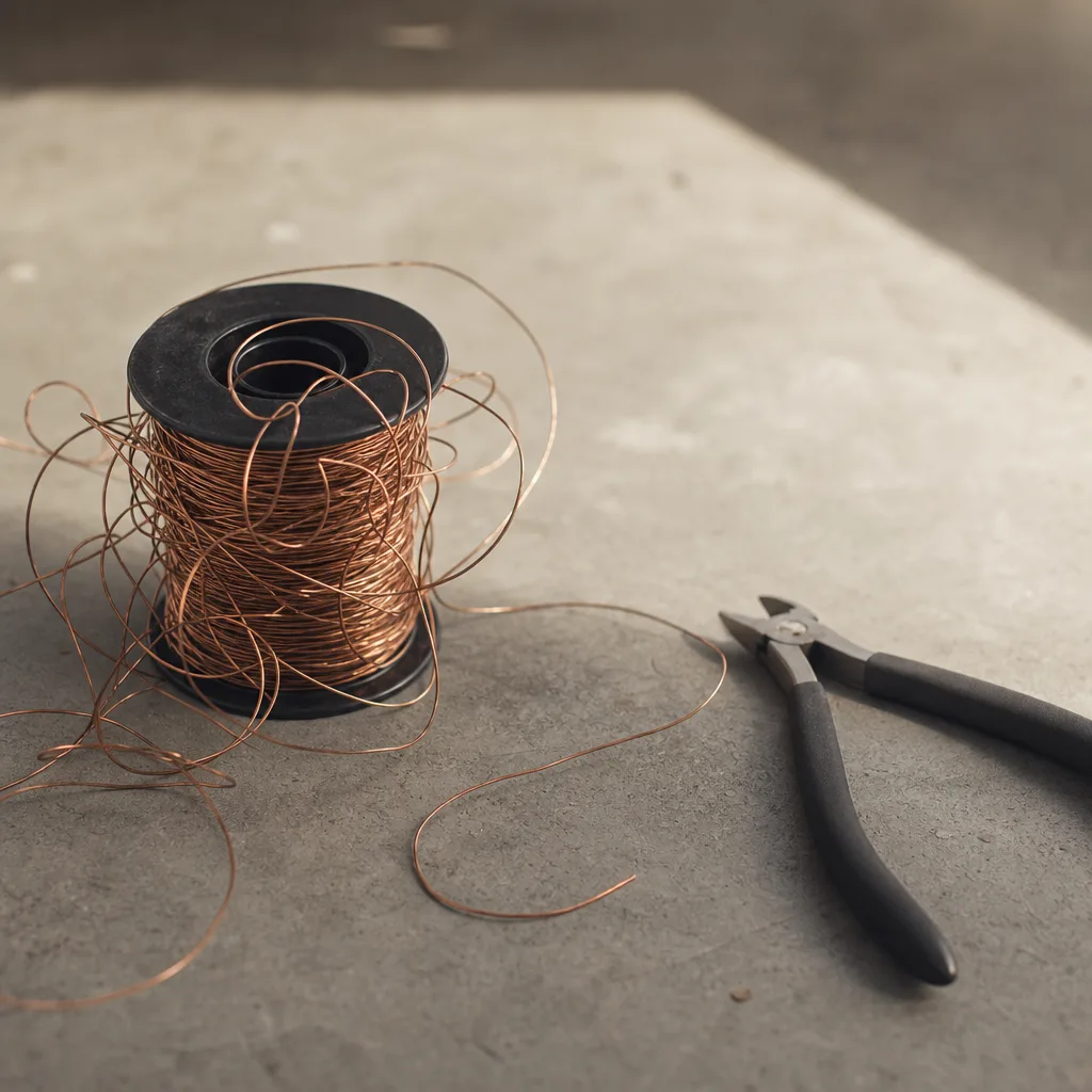 A tangled spool of copper wire partially uncoiled beside a small pair of wire cutters on a concrete surface
