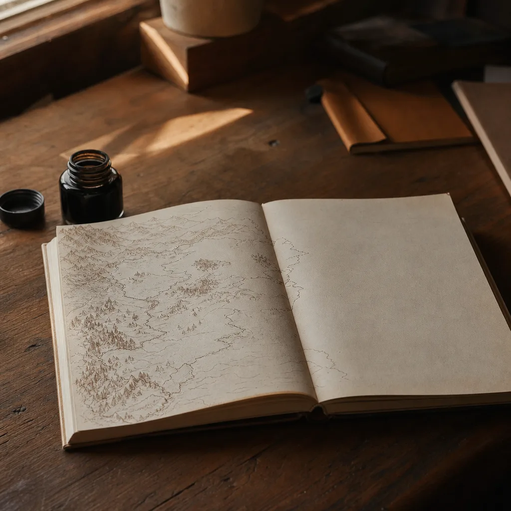 An open cartography journal spread flat on a wooden desk