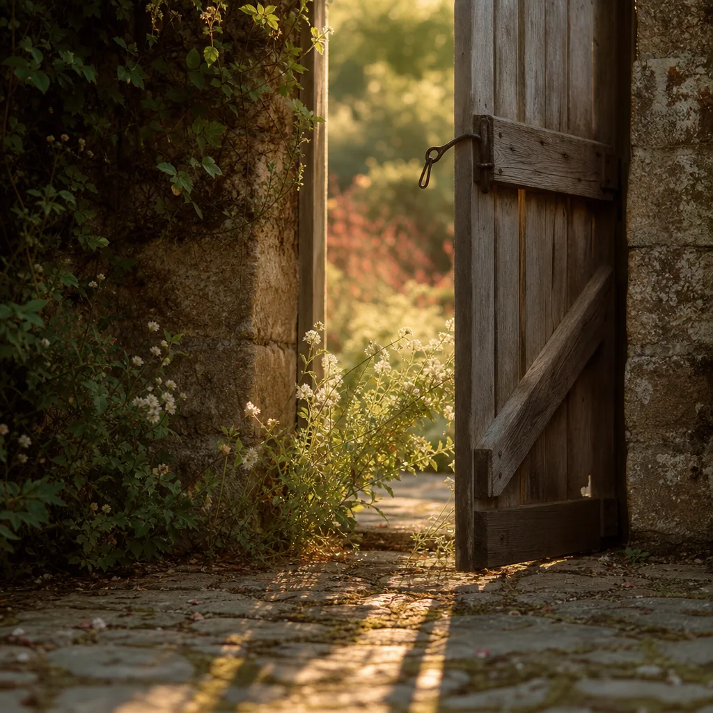 A half-open wooden gate in a garden wall