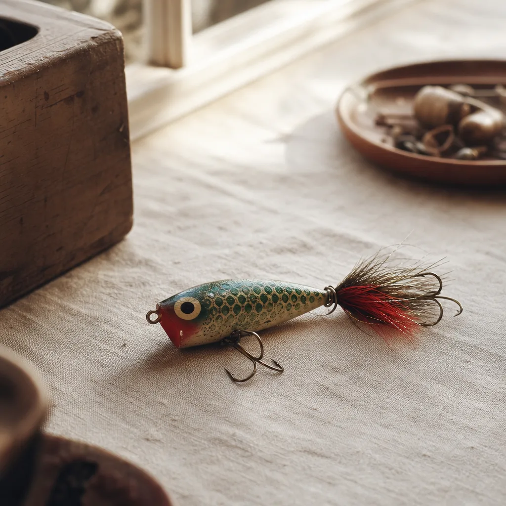 A vintage fishing lure resting on a pale linen surface
