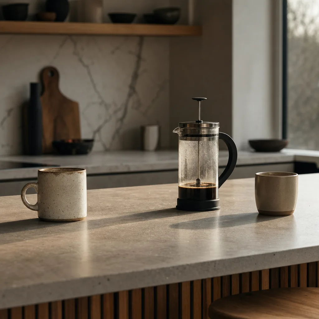 A shared office kitchen counter with two distinct coffee mugs placed at opposite ends