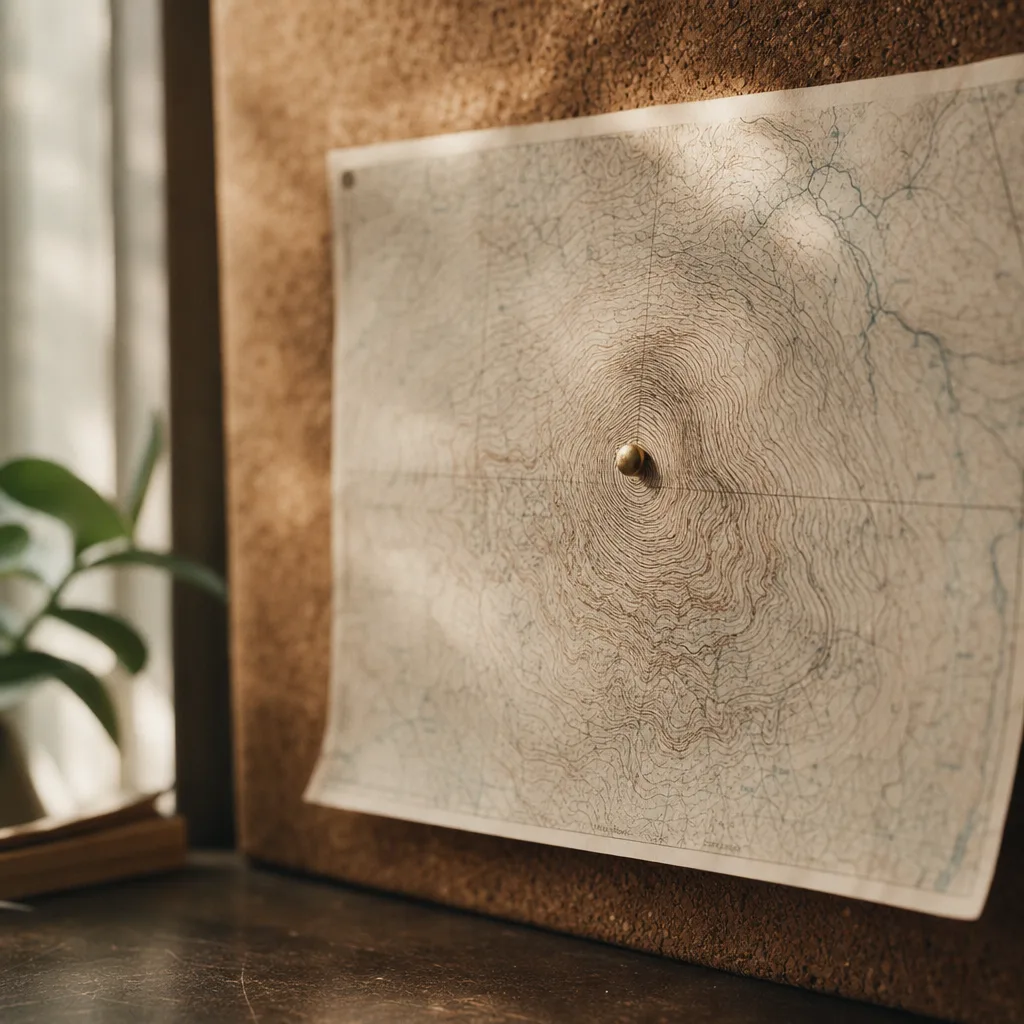 A hand-drawn topographic map pinned to a corkboard
