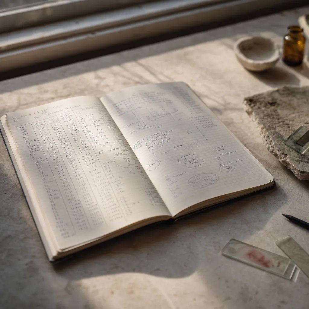 A scientist's lab notebook open to a page of handwritten data columns and circled anomalies
