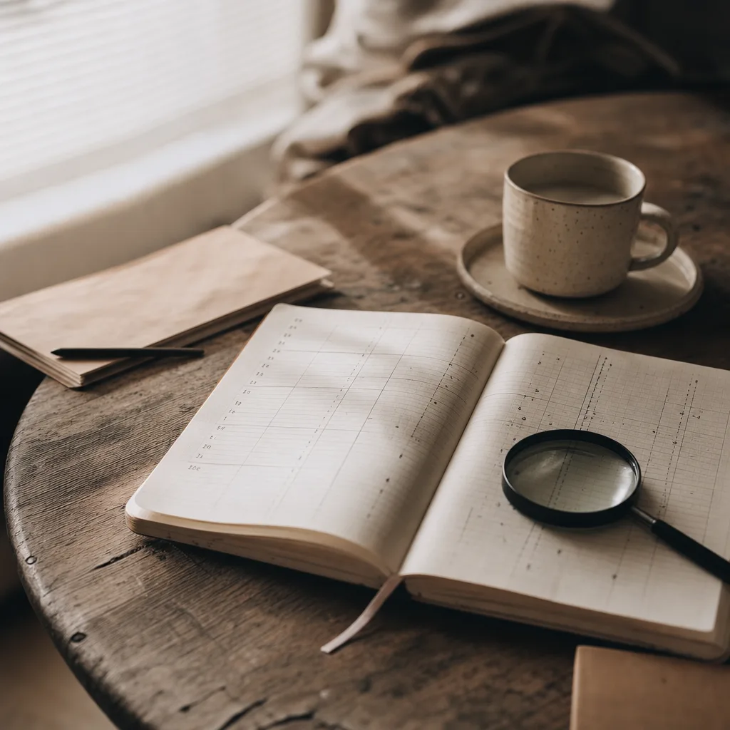 An open field notebook filled with hand-drawn timeline grids and notation marks