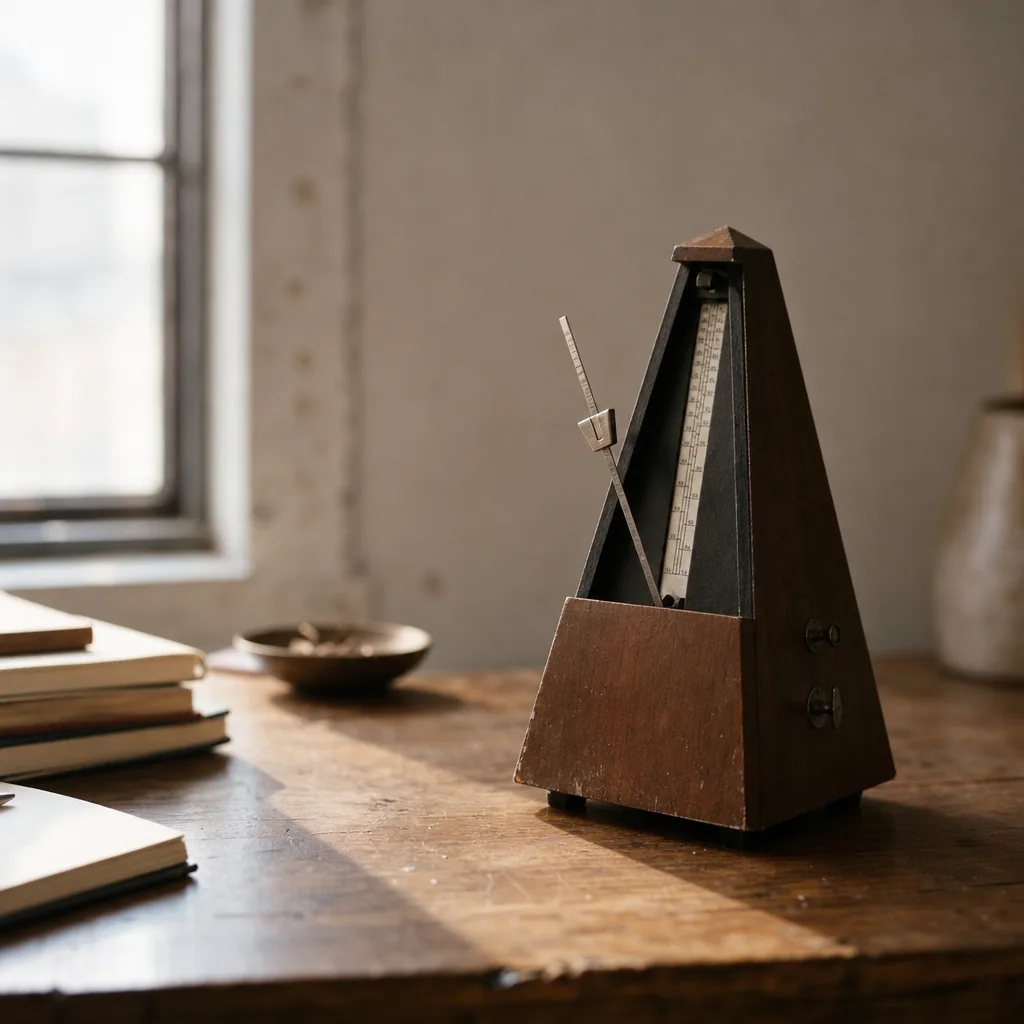 A metronome tilted slightly off its base on a worn wooden desk