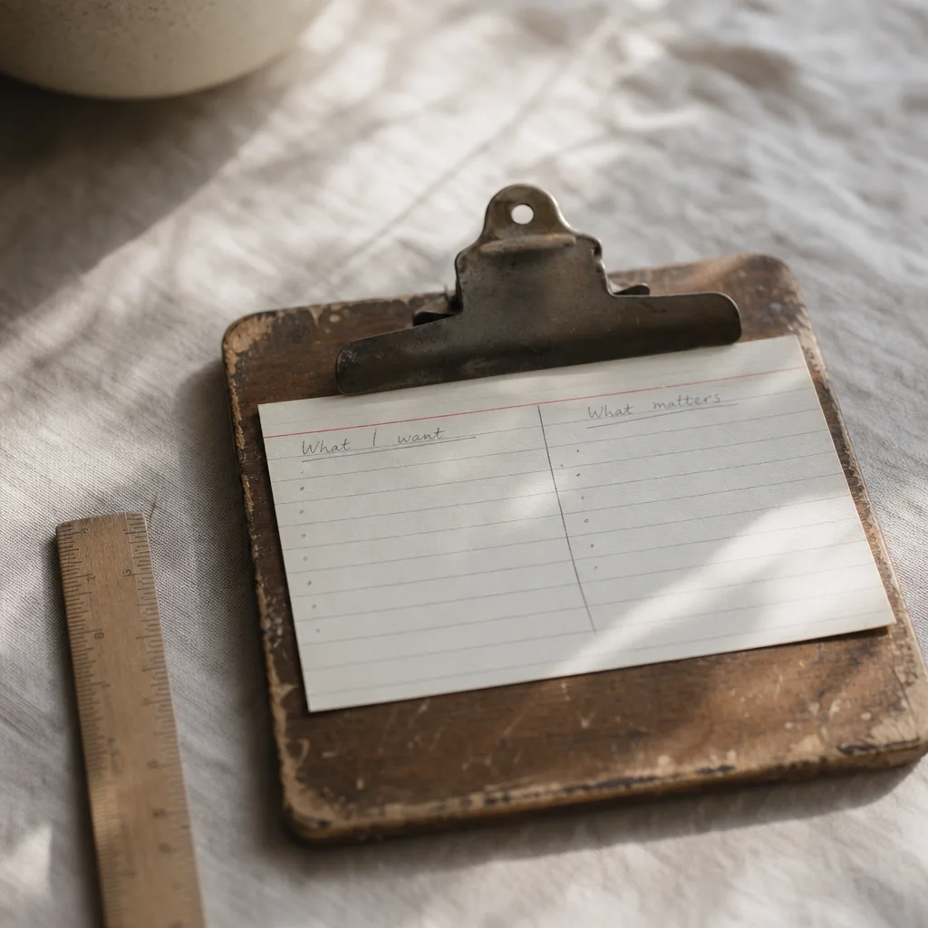 A worn clipboard holding a single ruled index card with faint handwritten columns