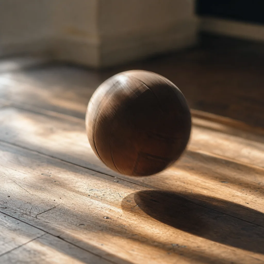 A worn leather ball mid-bounce on a sun-dappled hardwood floor