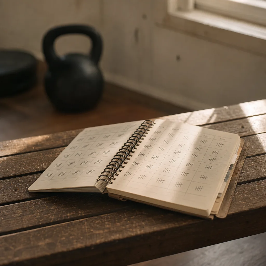 A spiral-bound training log open to a grid of handwritten tally marks