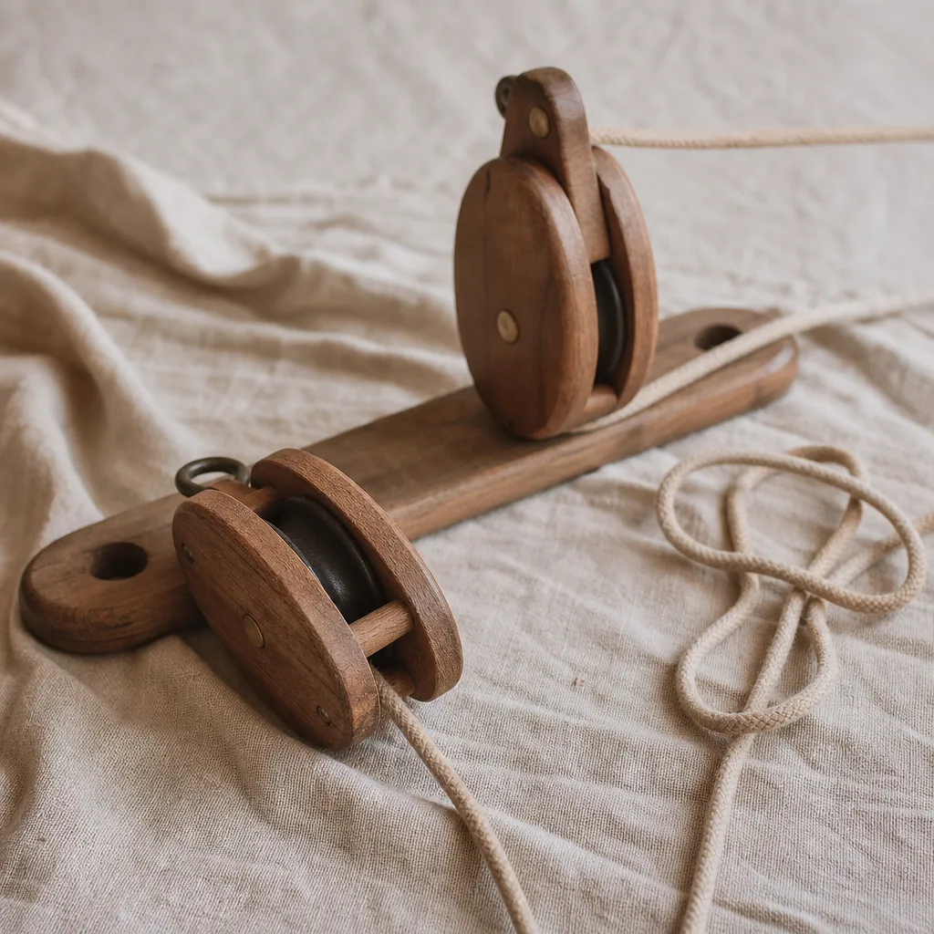 A partially assembled wooden pulley and rope system resting on a pale linen surface