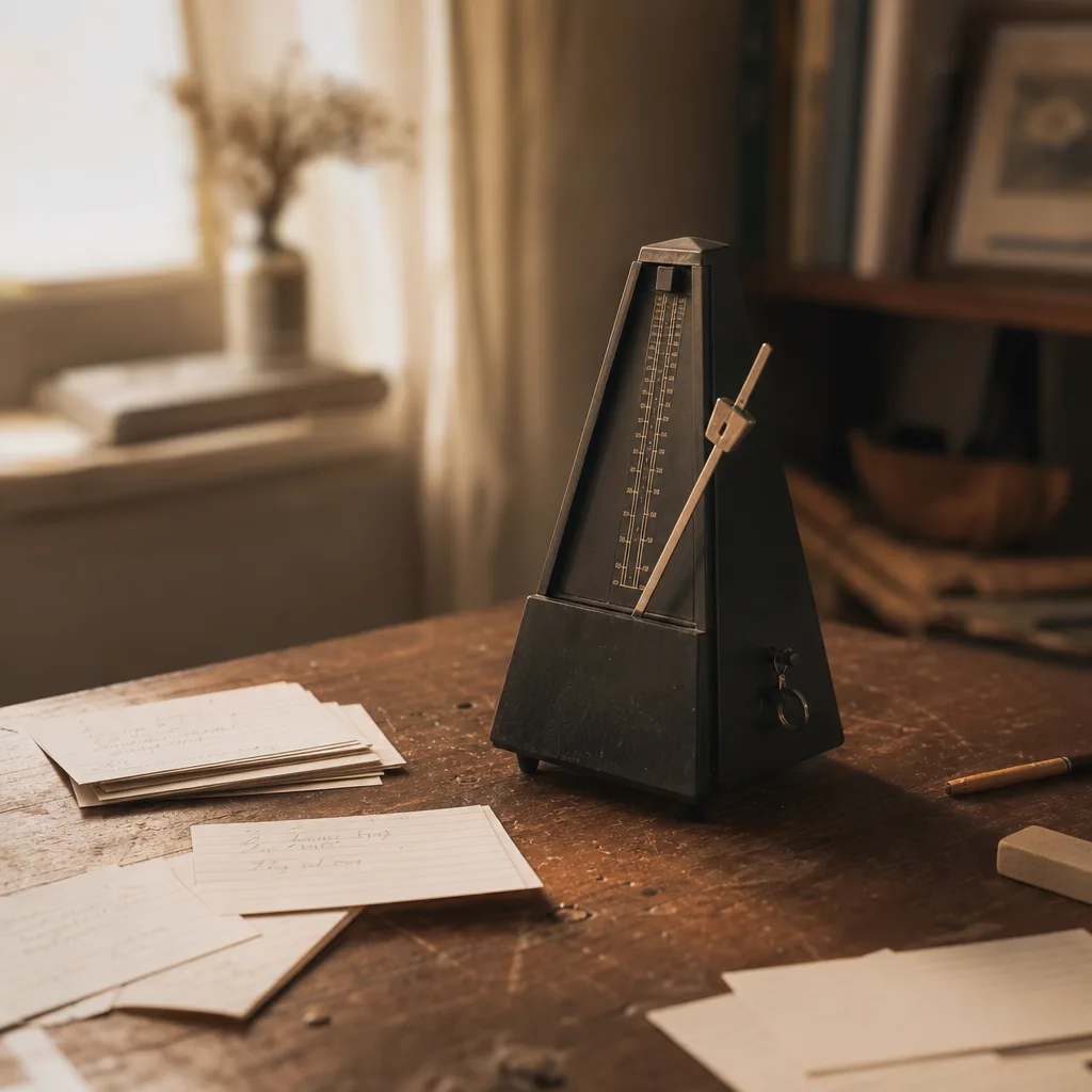 A metronome tilted slightly on a worn oak desk beside a scattered handful of index cards