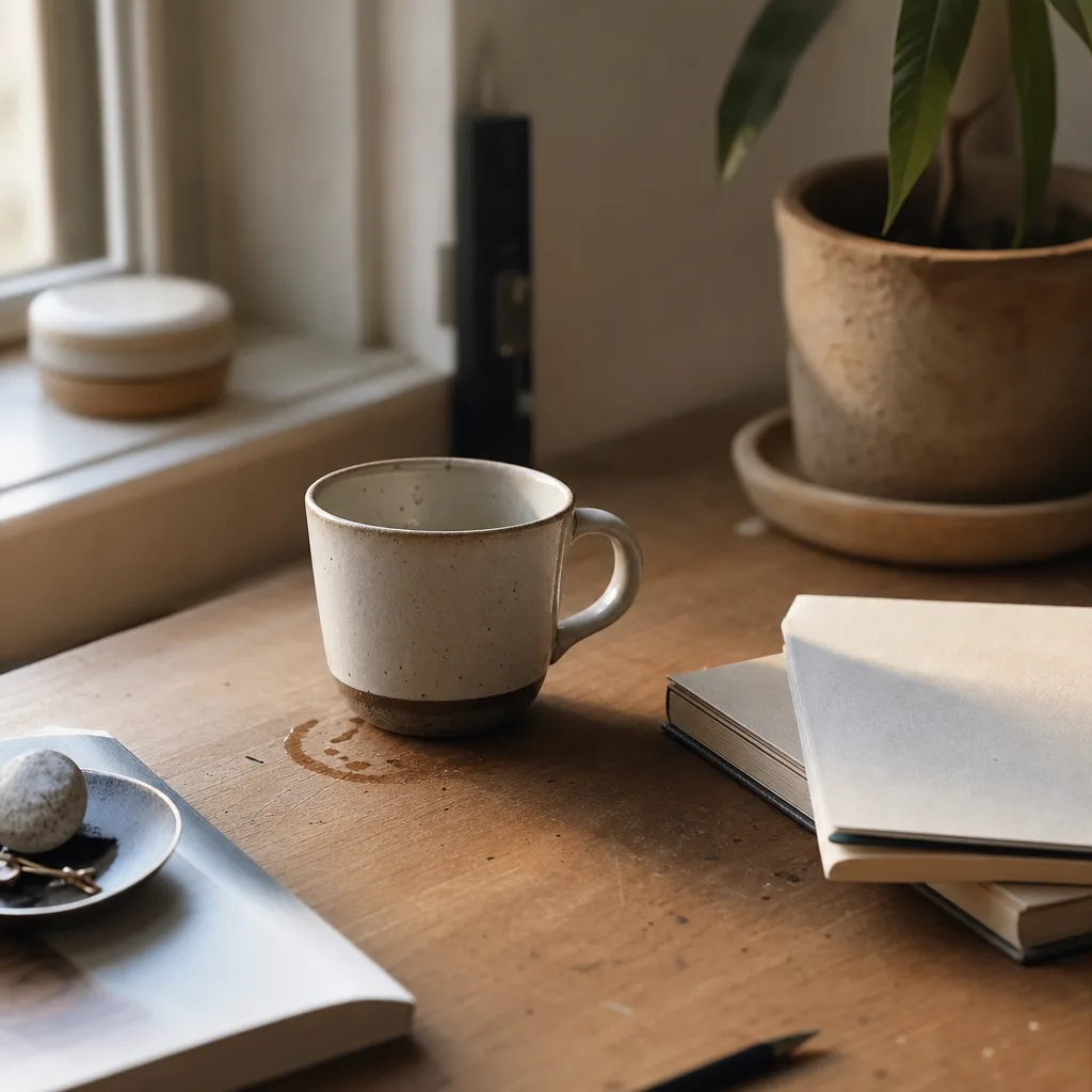 Two mismatched ceramic mugs side by side on a tiled kitchen counter