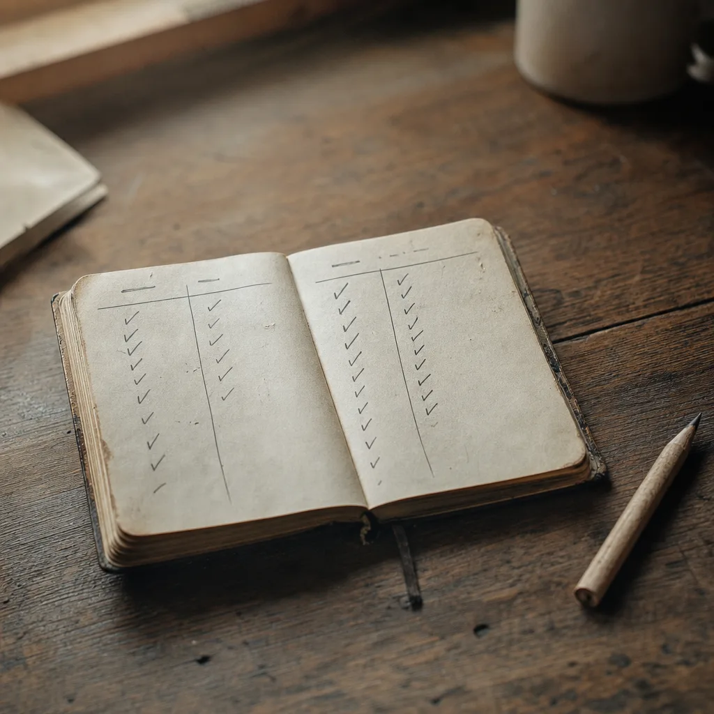 A worn field notebook open to a hand-ruled tally chart with small checkmarks in two columns