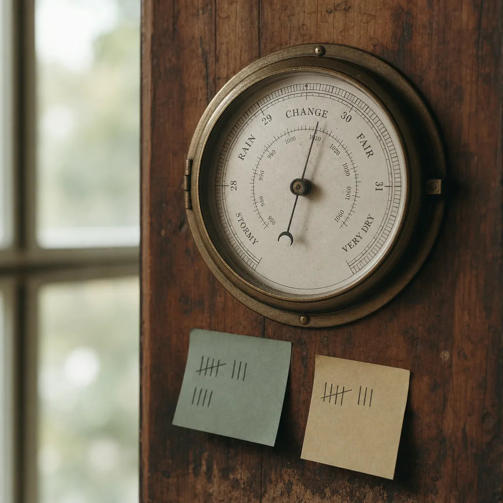 A vintage weather station barometer mounted on a wooden surface