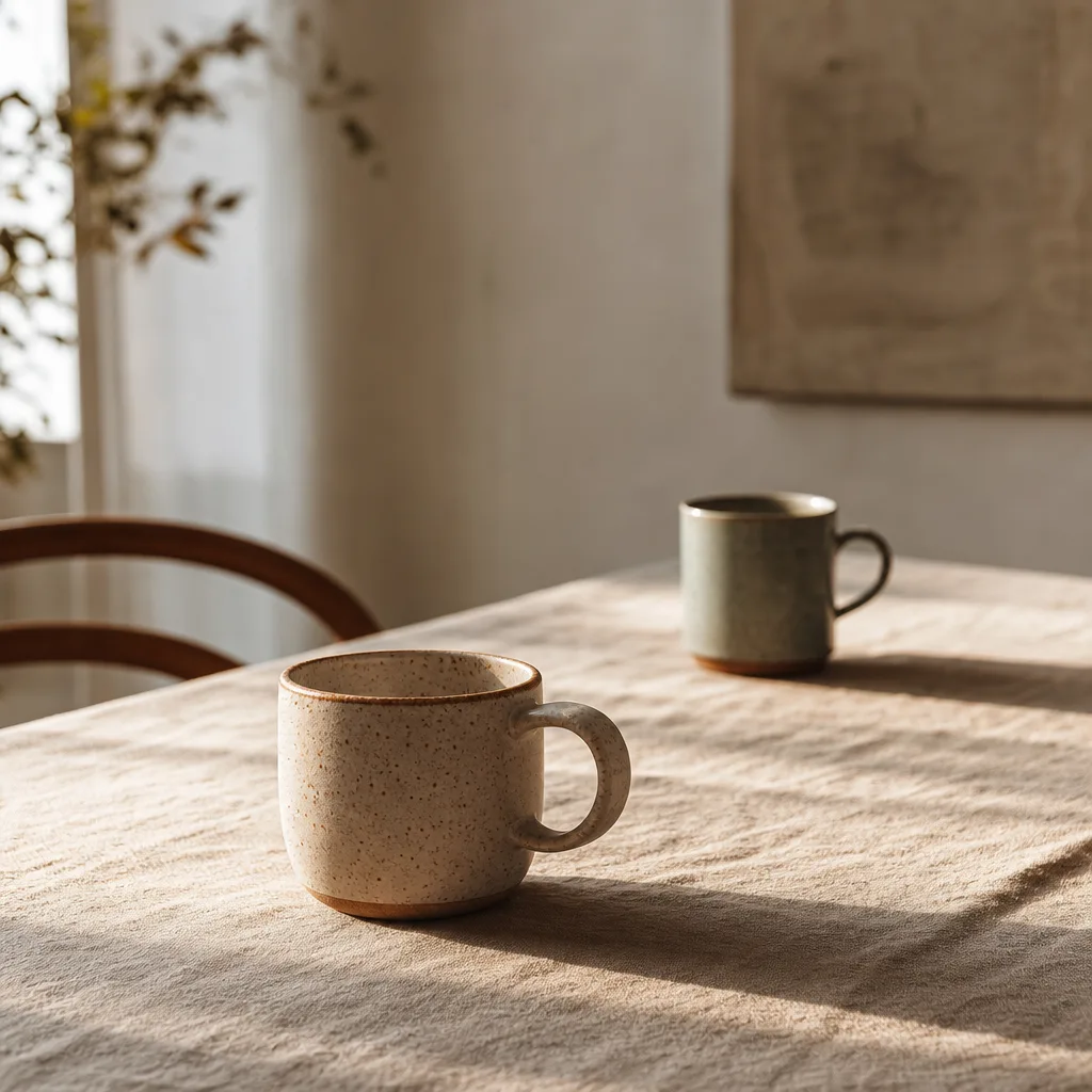 Two mismatched ceramic mugs placed at uneven intervals on a linen-covered table