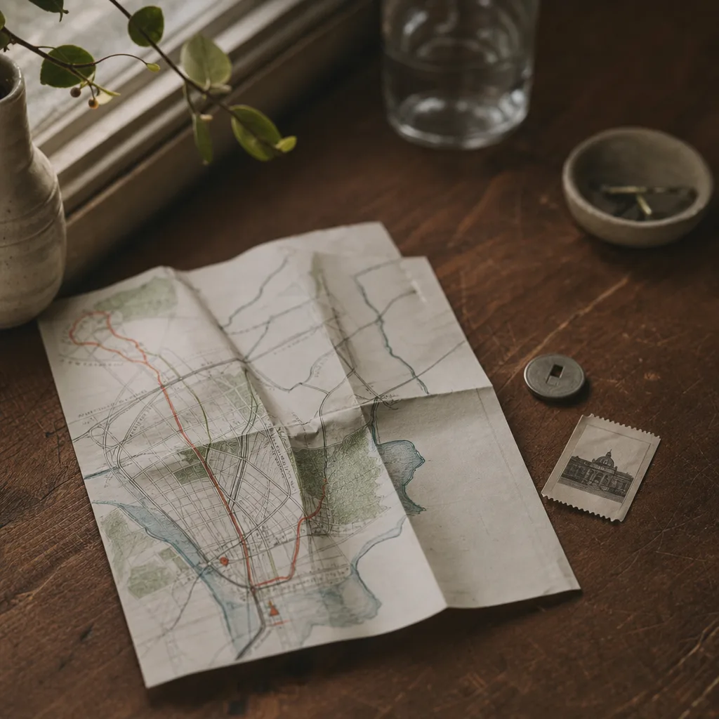 A folded paper itinerary or hand-sketched route map laid flat on a wooden surface beside a city transit token and a small museum admission stub