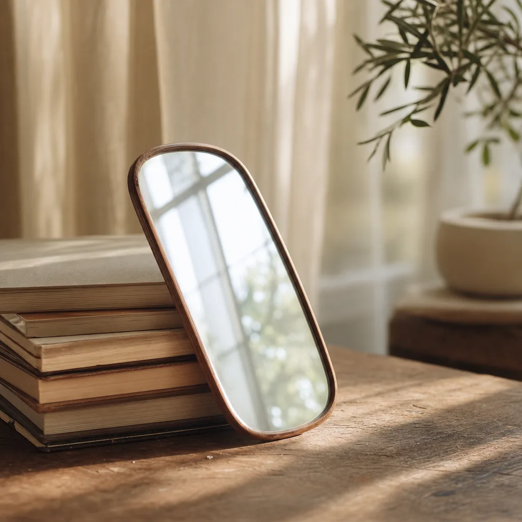 A small hand mirror angled against a stack of books reflecting a window