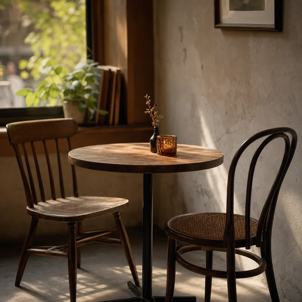 A small round cafe table with two mismatched empty chairs angled slightly toward each other